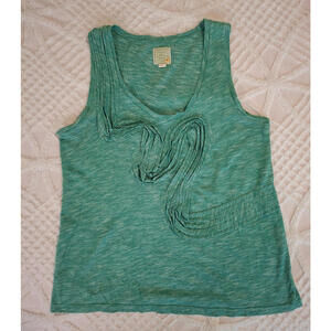 Little Yellow Button Womens XL Tank Top Green Striped Pleated Ruffle Cotton